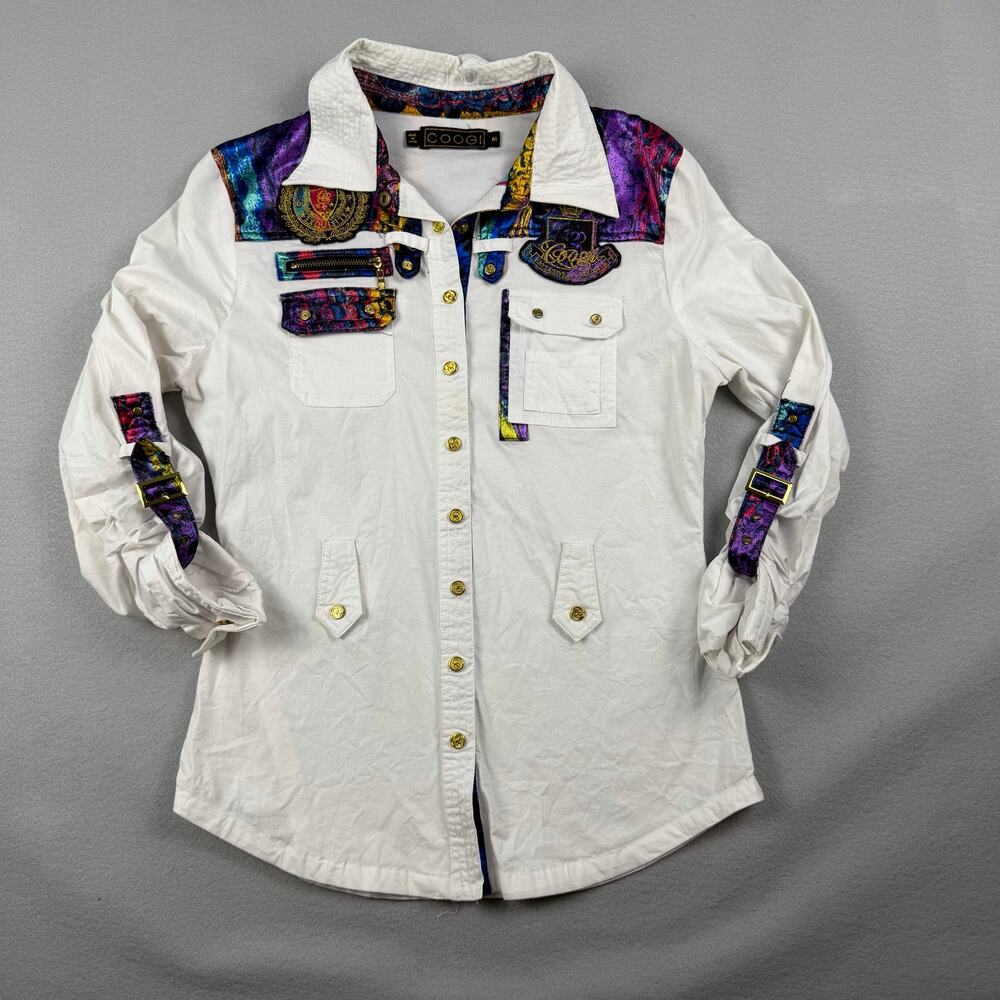 COOGI Rare White Button Up Shirt Colorful Trim Women’s M